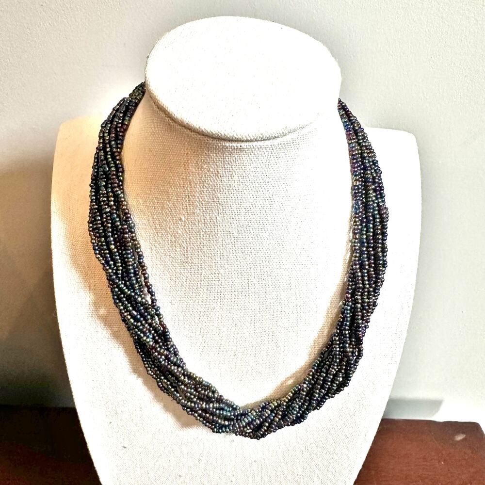 Seed Beaded Statement Necklace Iridescent Chunky Beads Multi Strand Layers